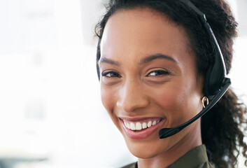 Agent, headset and happy woman in call center for telemarketing, outbound marketing and insurance. Sales consultant, hotline and portrait of person with space, policy premium or lead generation
