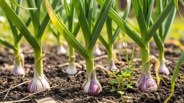 Fresh garlic growing in a garden bed under natural sunlight  
