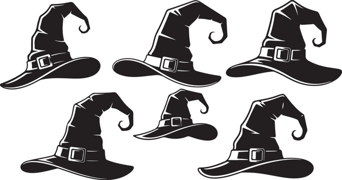 Collection of Black Witch Hats with Curved Tips and Belts