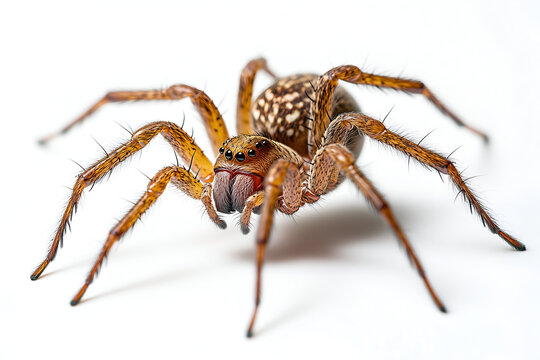 Macro of a brown hairy spider standing isolated on a white background