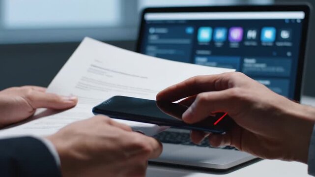 Person Using Smartphone Camera to Scan and Digitize Paper Document in Modern Office Workspace Environment