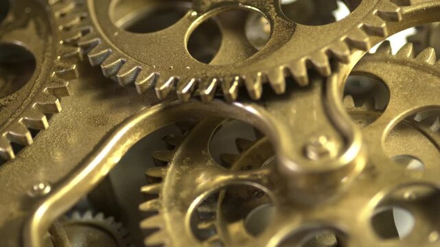 Extreme close-up of golden clockwork gears interlocking and rotating, conveying a sense of precision, mechanical complexity, and the passage of time.