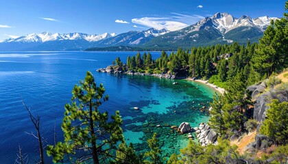 Fototapeta premium Scenic alpine lake, turquoise cove, pine trees, and snow-capped mountains