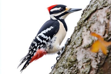 Obraz premium Great spotted woodpecker clinging to a tree trunk isolated on a white background