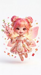 Fototapeta premium Cute Chibi Peach Blossom Fairy 3D Illustration for Asian Lunar New Year, pure white background