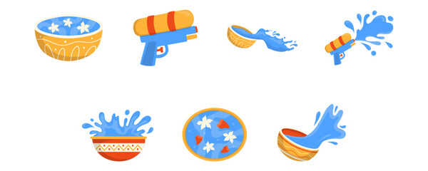 Naklejka premium Bowl of Water, Water Gun, Water Splash Songkran Festival Illustration. Vector isolated