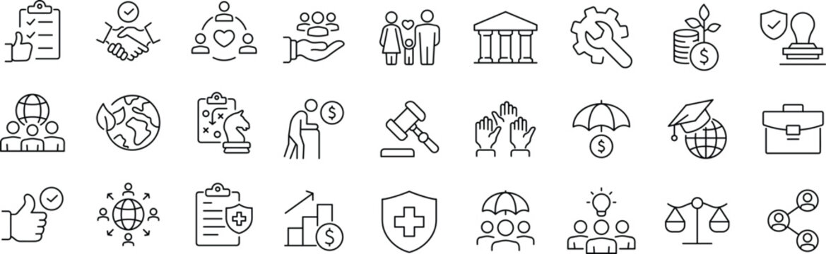 Social policy Web Icon Set. Collection of Social services Linear Icons, Including, healthcare, family, education, protection, law, insurance, healthcare, reform