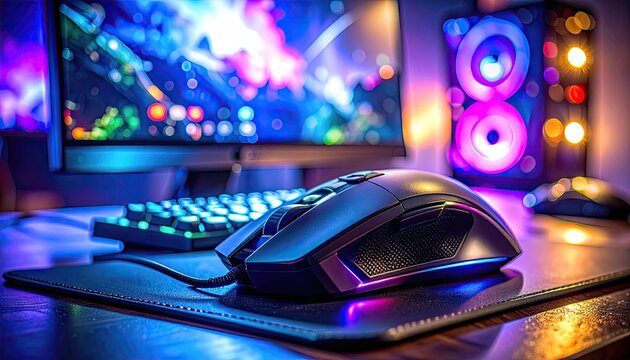 A gaming setup featuring a mouse, keyboard, monitor, speakers and lights
