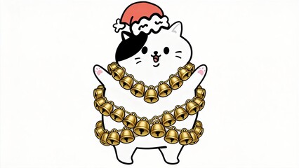 Cute Cartoon Cat Wearing Santa Hat And Golden Bells Necklace Christmas Holiday Illustration Festive Pet Character Happy Xmas Mascot Vector Art For Greeting Card Winter Celebration