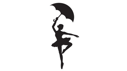 Silhouette of a ballerina in a pointe pose holding an open umbrella above her head on a white background © Devid 