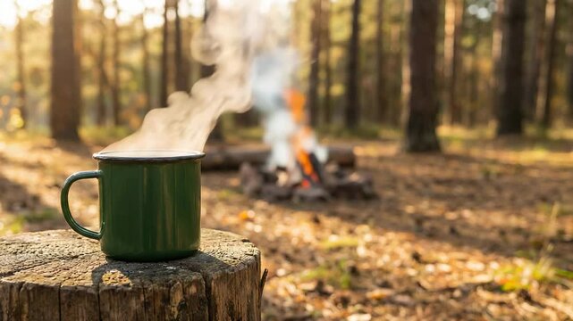 Green mug fills the frame with steam rising in a forest. A campfire burns in the background on a sunny day, creating an outdoor atmosphere