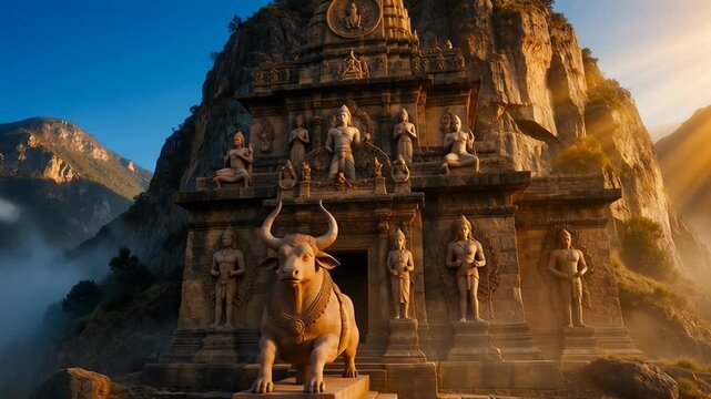 Ancient Stone Shiva Temple with Carvings of Gods and Apsaras  Majestic Nandi Statue at Sunrise in Mountain Setting