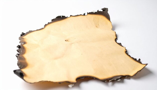 A single sheet of aged, yellowed parchment paper with charred, burnt edges lying flat on a white surface. The paper is wrinkled and brittle, featuring realistic scorch marks and singed corners.