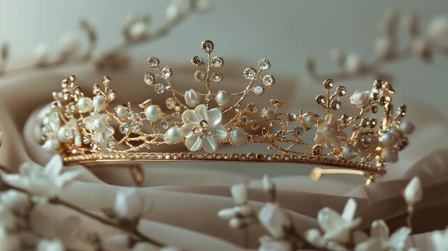 Ornate golden tiara with pearls and floral motifs on pastel background