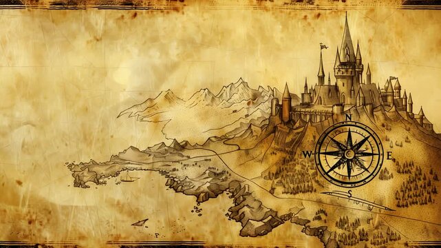Aged fantasy map with castle, mountains, compass