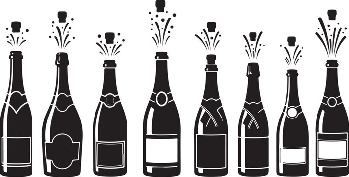 Black and white champagne bottles with corks popping illustration