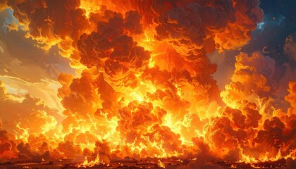 Epic, fiery explosion fills the sky with intense orange and yellow