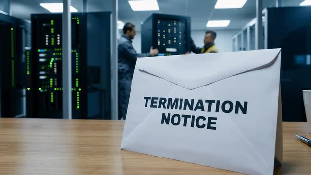 A termination notice is placed on a desk while two IT professionals discuss equipment in a server room.
