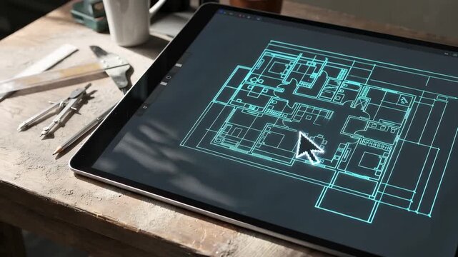 A tablet displays an architectural floor plan design with interactive elements. Nearby, there are tools and a coffee cup on a rustic wooden table