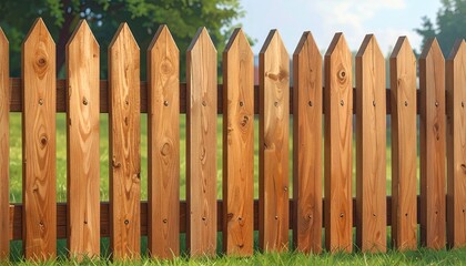 Close-up of a wooden picket fence with green grass and background trees