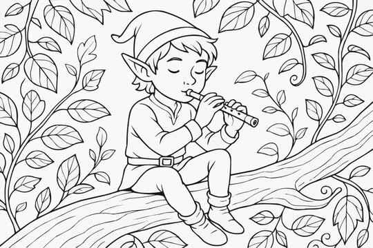 Coloring page for children - a young wood elf playing a flute on a tree branch in a magical forest