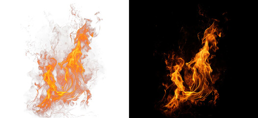 Double fire flame pillar on transparent background and black surface © Ontime Rahela