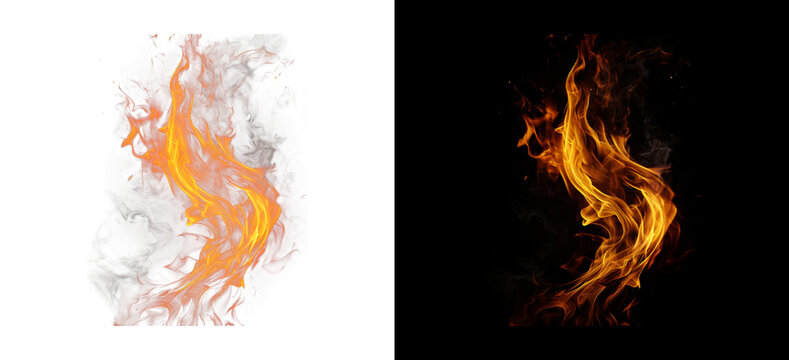 Elegant swirling fire flame isolated on transparent and black backdrop