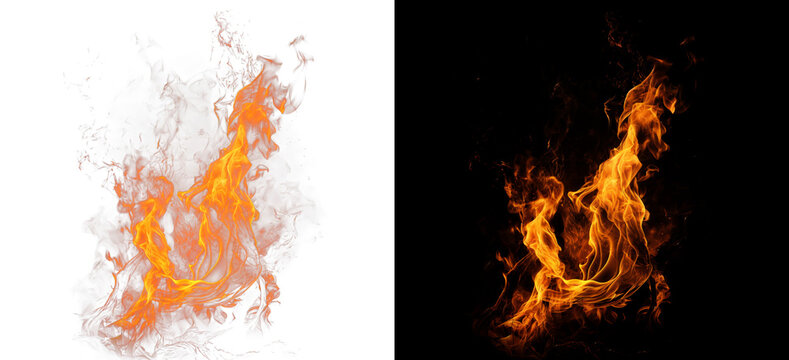 Double fire flame pillar on transparent background and black surface