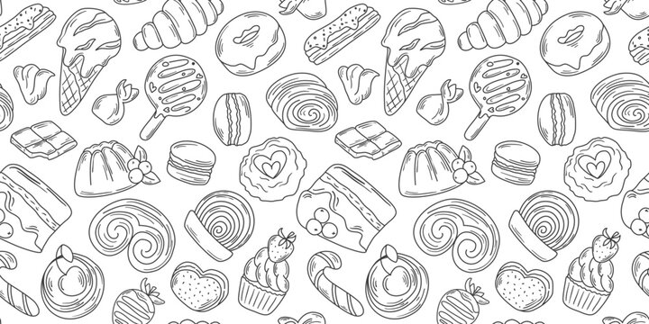 Seamless pattern with hand drawn sweets and candies. White background with pie, cake, ice cream, chocolate, croissants in doodle style. Loose drawing. Print sweet treats, vector graphics
