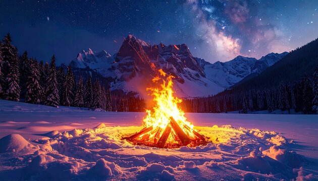 Night scene of a campfire in snowy landscape, with mountains and stars