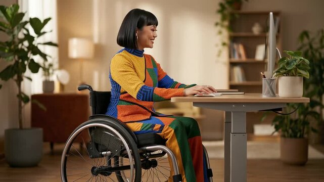 An individual is sitting in a wheelchair at a desk, engaging with a laptop while surrounded by indoor plants. Themes of inclusivity and work environments