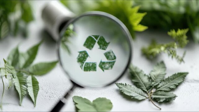 Examining green recycling symbol, Mobius Loop magnified through lens, surrounded by diverse lush greenery, reflecting ecology, nature's vital oxygen, clean air, sustainable planet