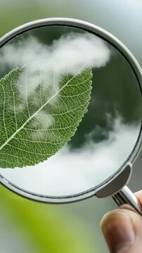 Close examination of vibrant green leaf, reflecting clouds, revealing eco ecology nature oxygen carbon dioxide cycle, continuous Mobius Loop of sustainable greenery, environmental vitality
