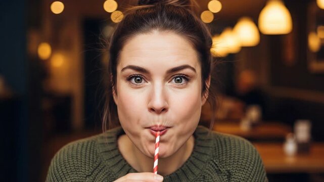 Woman with puffed cheeks drinking through a striped straw, expressive face, close-up