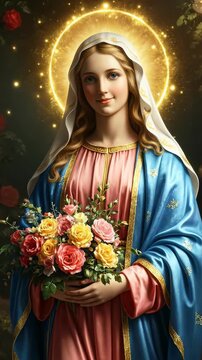 Blessed Virgin Mary, with serene countenance, holding a vibrant bouquet of blooming roses, divine golden halo, sacred rose garden setting, spiritual reverence, celestial grace
