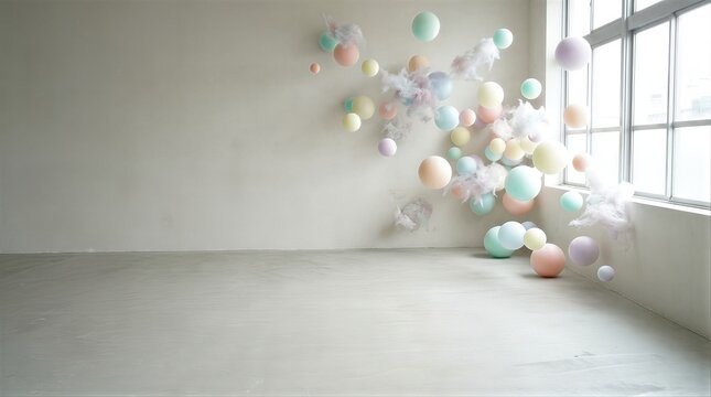 Pastel balloons and decorative clouds floating in empty room near window. Minimalist studio interior background. Conceptual fantasy installation for celebration and birthday party decor.