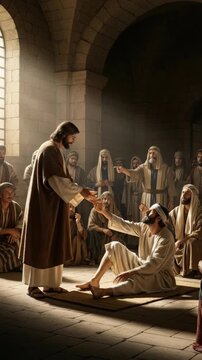 Jesus Christ blesses a paralytic man in a room full of followers, showing a miracle of healing and faith within biblical scripture, religion, and theological teachings.