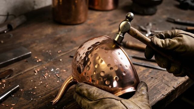 A hand shapes a copper bowl using a hammer in a workshop. Metalworking tools and materials are present on the wooden table, demonstrating craftsmanship