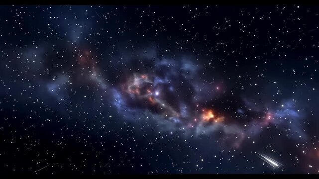 Visuals depict colorful nebulae and star formations in deep space. The imagery highlights cosmic elements and shows a dynamic perspective on astronomical activity