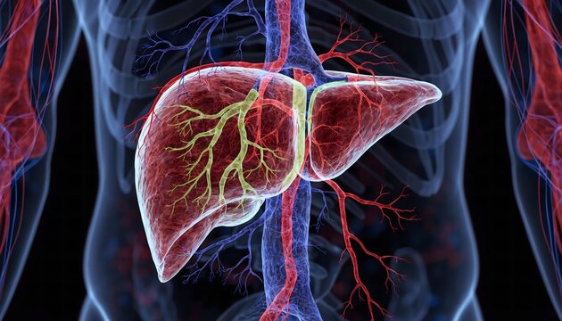 Vibrant 3D medical illustration of a human liver featuring glowing hepatic vessels and bile ducts within a translucent torso. Dark futuristic background with bokeh.