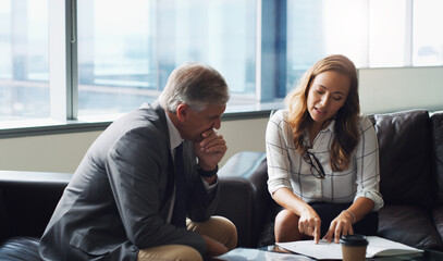 Document, review and business people in office with discussion, manager advice and court case...