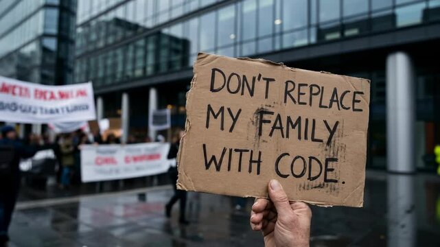 A group of individuals protests in an urban area holding signs expressing their concerns about technology replacing human jobs