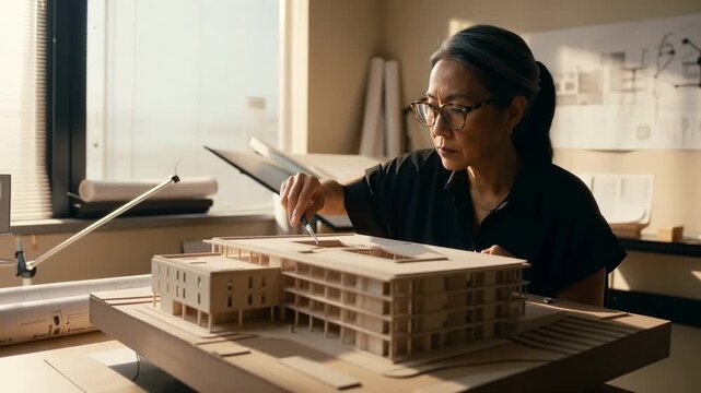 An architect focuses on a scale model of a building in an office setting. Natural light illuminates the workspace. Blueprints and design materials are visible in the background
