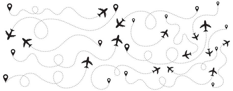 Airplane line path icon set. Airplane routes vector set. Plane flight path vector set. Airplane with dotted line route.  Minimal navigation and message delivery concept for communication and journey 