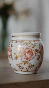 Vintage porcelain jar with floral design.
