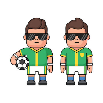 Cartoon soccer players in green jerseys holding ball with sunglasses cool pose
