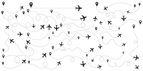 Airplane line path icon set.  Airplane routes vector set.  Plane flight path vector set. Aircraft tracking, planes, travel, map pins, location pins on Transparent Background. Outline flying planes  © NOVA STOCK