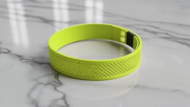 Neon Captain Band. Soccer/Football Merchandise Mockup (No Brand, No Logo). Merchandise Mockup. A neon yellow captain's armband laid flat and slightly curved, set on a polished white marble surface
