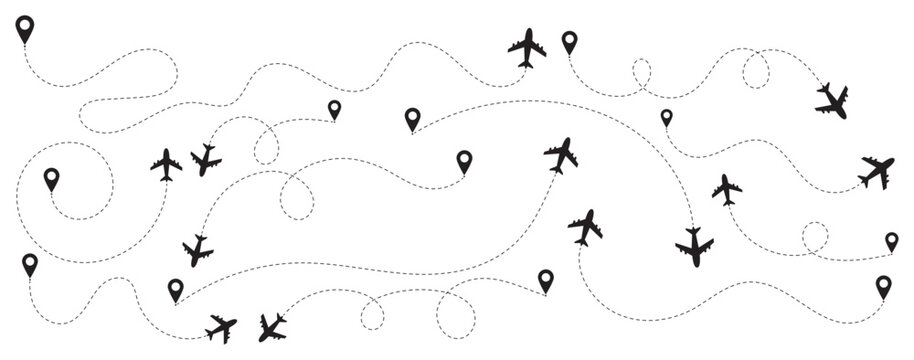 Airplane line path icon set.  Airplane routes vector set.  Plane flight path vector set. Aircraft tracking, planes, travel, map pins, location pins on Transparent Background. Outline flying planes 