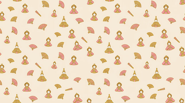 ひな人形と扇子とかんざしのシームレスパターン